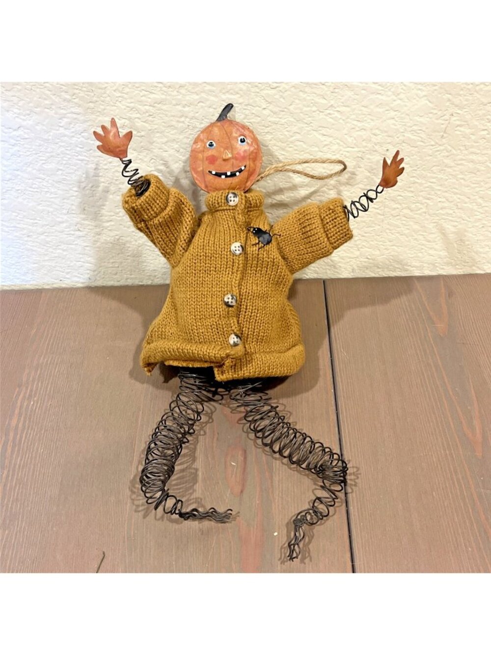 Primitive Halloween 13" Pumpkin Scarecrow Knit Sweater Metal Spring Arms Legs